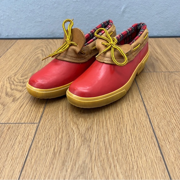 Lands' End Duck Boots Low Red & Tan Leather Fur Flannel Lining Womens Size7 M - Picture 2 of 8